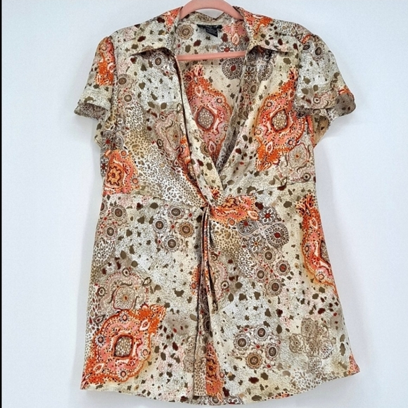 Ivy Chic Twist-Front Silky Blouse in Golden Neutral Tones - Picture 8 of 8